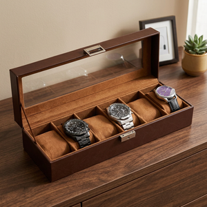 Caja de reloj rectangular de madera con 6 ranuras, interior de gamuza sintética, cierre a presión, estuche protector de almacenamiento para hombres y mujeres - Product Image 3