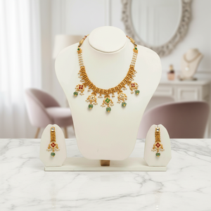 Gold Kundan Inspired Necklace <b>Set</b> With Green <b>Beads</b> Pearl Drops Matching Earrings Traditional Bridal Wedding Jewelry Gift - Product Image 1
