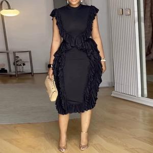 แฟชั่นเดรสสตรีแขนกุดคอกลมแต่งระบายลูกไม้ชุดเข้ารูปยาวคลุมเข่าสง่างาม - Product Image 4