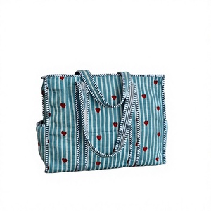 Bolsa de Mano de Algodón a Rayas Azules con Cadenas, Pintada a Mano, Ligera, con Cierre de Cremallera, para Compras, Viajes, Uso en Todas las Estaciones - Product Image 1