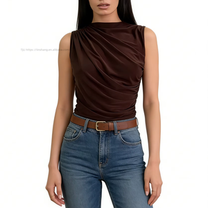 Women's Sleeveless Asymmetric Pleated Ruched <b>Mock</b> <b>Neck</b> <b>Top</b> - Satin-Fit Casual Shirt <b>Top</b> Vest Fashion - Product Image 3