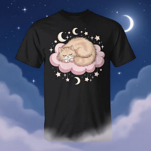 Camiseta con diseño de gato escapista y fantasioso durmiendo en una nube, divertida y ligeramente trágica, diseño promocional - Product Image 3