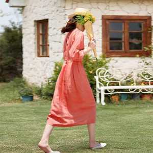 Vestido Maxi de Lino/Algodón con Cuello en V para Mujer, Corte en A, Manga Corta, Casual, Corte Regular, Lavable, Transpirable, Ecológico, con Cinturón - Product Image 6