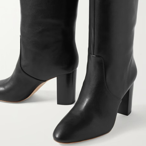 Bottes hautes pour femmes en cuir véritable, taille 46, coupe large, talons épais, bout rond, style bottines longues - Product Image 2