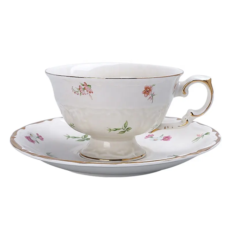 ชุดถ้วยชาและจานรองชุดถ้วยกาแฟเซรามิกถ้วยพอร์ซเลนของขวัญแต่งงานวินเทจลายดอกไม้