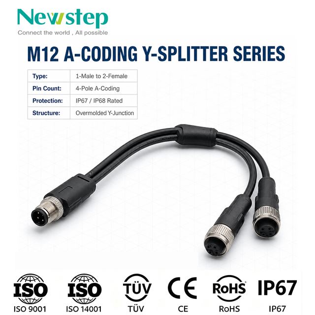 M12 A-Coding Y Splitter Cable, 1-Male to 2-Female 4-Pin Waterproof IP67 Connector, Overmolded Circular Signal Power Wire