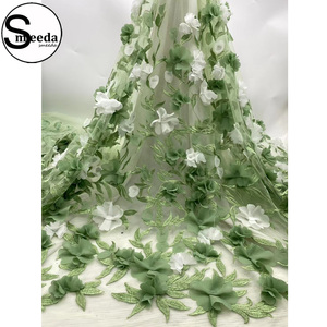 Green Flower <strong>Net</strong> <strong>3D</strong> Wedding Beaded <strong>Lace</strong> SMD18N037 - Product Image 1