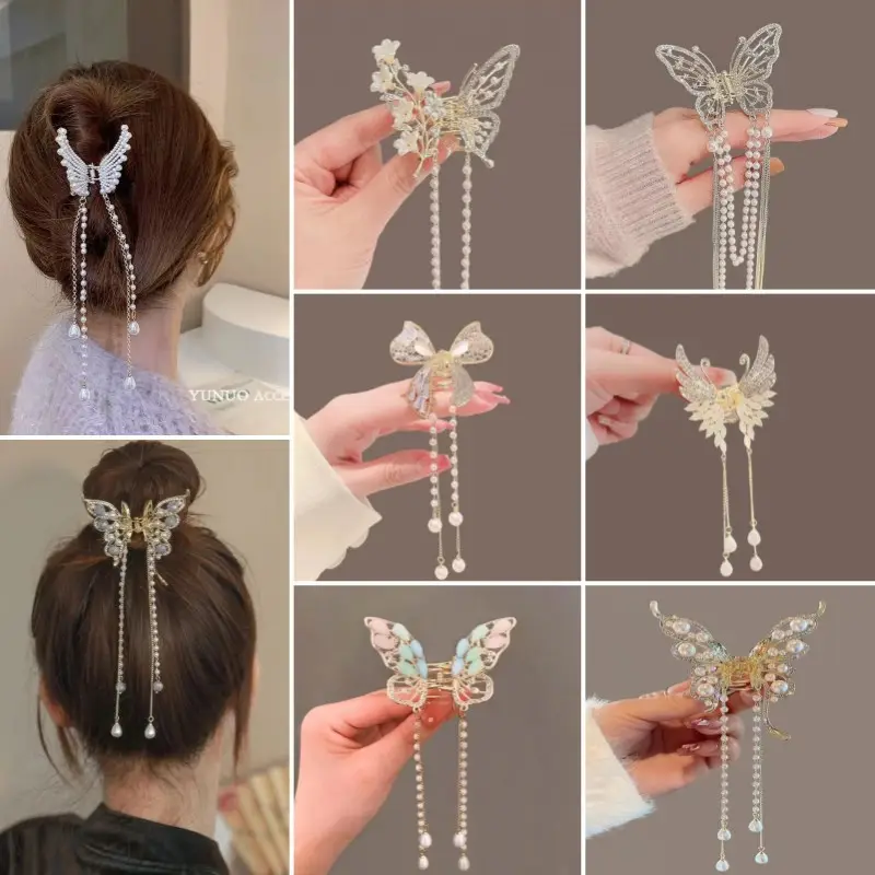 Vendita calda di nuovi mini perle a forma di farfalla con pinza a forma di nappina estiva in metallo fermaglio per capelli da donna