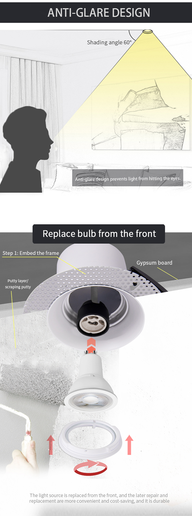 Custom GU10 Fire Rated Anti Glare Trimless Downlight Fixtures For Hotel Showroom