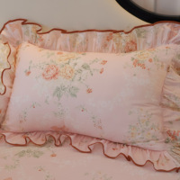 Parure de lit 100% coton imprimée réactive, jupe de lit double couche à volants en dentelle et gaze, style pastoral princesse
