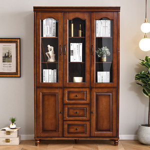 Xiuyuan Spring Scenery American Style <b>Solid</b> <b>Wood</b> <b>Bookcase</b> 993 Three Door Glass Cabinet Storage Bookshelf Office Home Use - Product Image 2