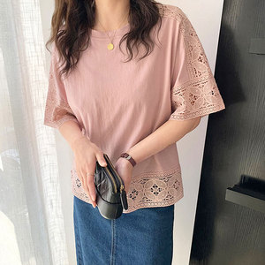 Comfortable Cotton Material <strong>Half</strong> Sleeve Shirt <strong>Woman</strong> Summer Free Size White Lace <strong>Blouse</strong> - Product Image 4