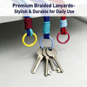 ポリエステル製パラコード織り込み格子柄耐久性のある車のキーホルダーリングIDカード紛失防止ストラップ、携帯電話用金属フック付き - Product Image 5