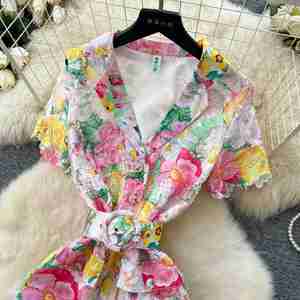 Vestido midi ajustado de invierno elegante con cuello con muescas, estampado digital, estilo túnica y blazer, con encaje calado y corte imperio para mujer - Product Image 2