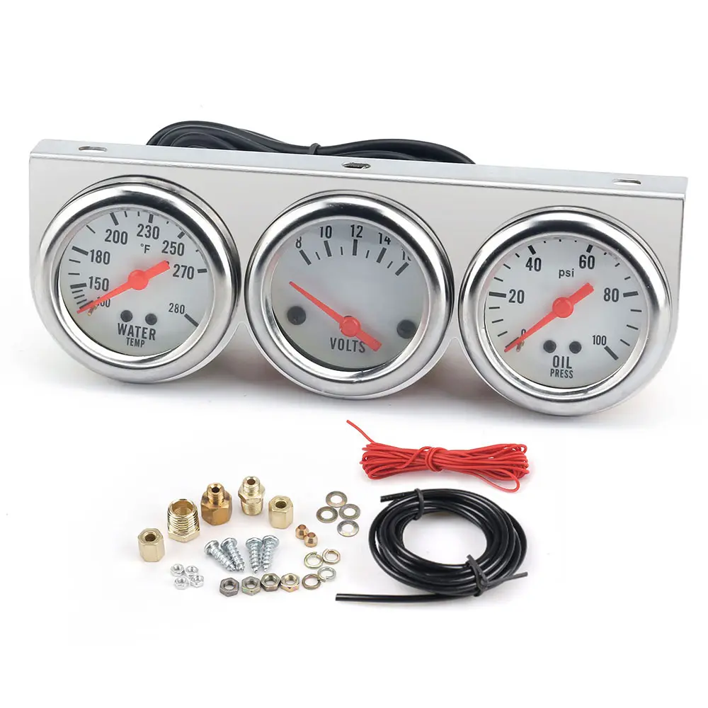 Chrome 2インチ52MM Triple Gauge Kit Volt Meter Water Temp Temperature Gauge Oil Press Pressure Gauge Car Meter