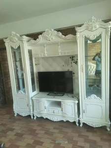 Ensemble Meuble <span class=keywords><strong>TV</strong></span> Classique Élégant Blanc, Dessus Décoratif avec Vitrine à Porte en Verre - Product Image 6