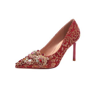 Pointed Toe Satin <b>Pumps</b> With Rhinestones Super High Heel Bridal Wedding Shoes <b>Red</b> - Product Image 5