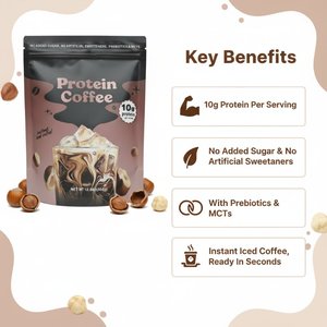 Poudre de café protéiné aux noisettes professionnelle, boisson instantanée glacée, MCT, prébiotiques, sans sucre, boisson énergisante pour les matins chargés à la maison - Product Image 2