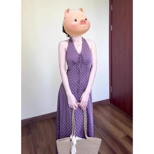 Retro Polka Dot <b>Halter</b> <b>Neck</b> Tea-Length Chiffon <b>Dress</b> for Women <b>Purple</b> Elegant Natural Waist Slimming Breathable Pencil - Product Image 3