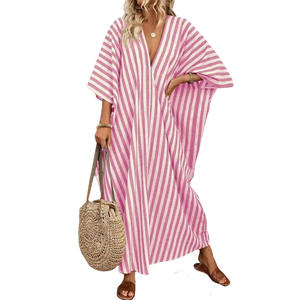 Nuevo Vestido <span class=keywords><strong>de</strong></span> Verano a Rayas con Cuello en V y Manga Corta para <span class=keywords><strong>Mujer</strong></span>, Vestido Largo Informal y Holgado para Vacaciones - Product Image 6