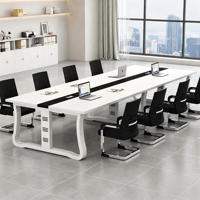 Mobilier de conférence de bureau moderne avec panneaux de surface contrastés, base de rangement et aménagement collaboratif pour réunions
