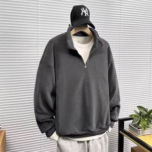 Sweat-shirt polaire en laine à col montant demi-zippé pour homme, style japonais rétro, couleur unie, épais, printemps-automne - Product Image 1