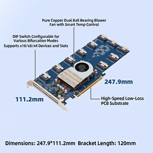 Carte d'extension PCIe 4.0 X16 10x SFF-8654 8i PLX PEX88096 avec adaptateur NVMe/U.2, ventilateur de refroidissement et prise en charge de la bifurcation, fabriquée en Chine, version privée - Product Image 4