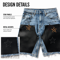 Shorts en jean tricoté pour homme, style streetwear décontracté, taille mi-haute, avec patchs étoiles, motif léopard, clous, épingles de sûreté, bords effilochés et boutons