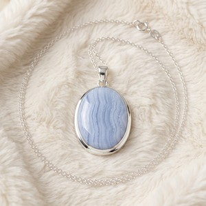 Ear enlace oem odm Wholesale Silver Plated Pendant <b>Necklaces</b> Oval Cabochon <b>Blue</b> Lace Agate Gemstone Jewelry For Women - Product Image 2