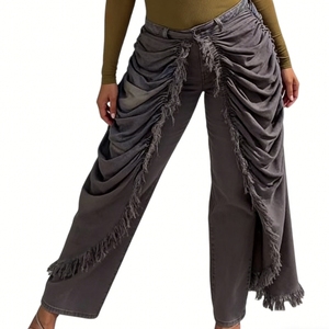Pantalon en jean froncé à franges pour femme - Jean taille haute à jambes larges tendance - Product Image 4
