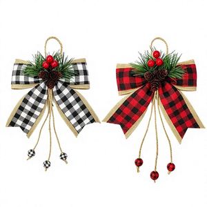 Handmade <b>Red</b> Black Checkered Burlap Rectangle Christmas Ribbon <b>Bows</b> Farmhouse Hanging Ornaments Wreath Front Door Holiday Party - Product Image 1