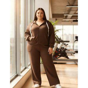 Conjunto deportivo de dos piezas para mujer de talla grande FOXA, sudadera con capucha y cremallera, pantalones deportivos de pierna ancha, ropa informal para estar en casa. - Product Image 5