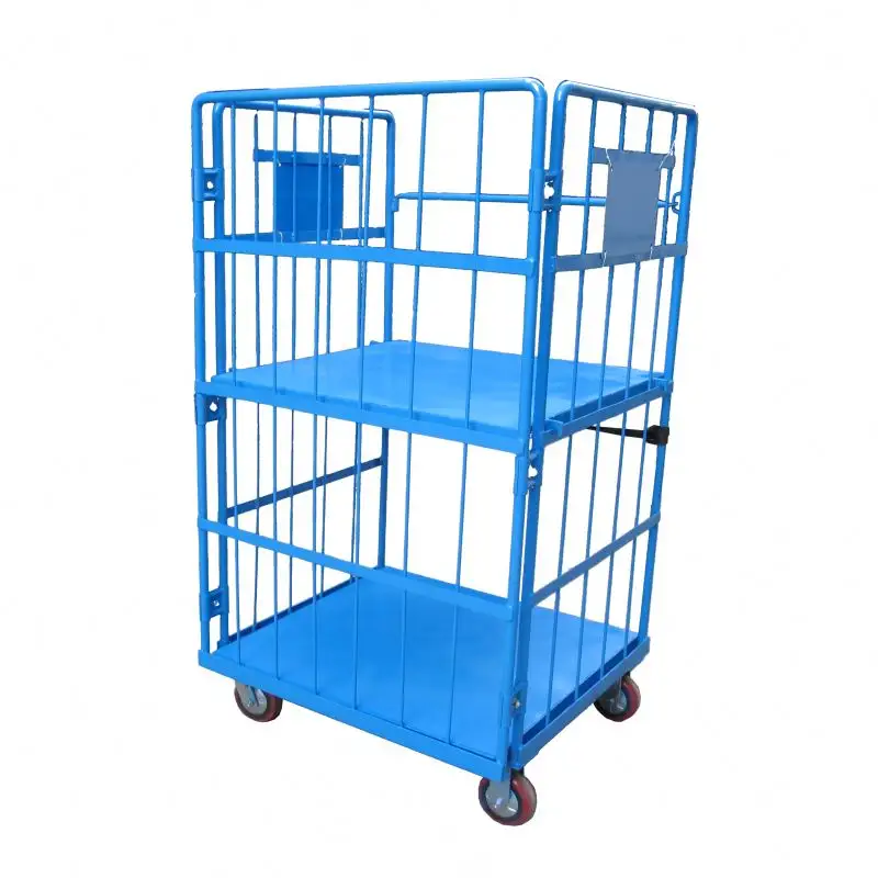 OEM Grosir Jala Logam Tugas Berat Meja Biru Rolling Cage Trolley Cart dengan Kualitas Tinggi