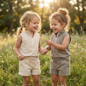 Ensemble de vêtements d'été pour filles, t-shirt et short, fermeture éclair, fabrication en usine propre, vêtements pour filles de haute qualité, personnalisables - Product Image 1