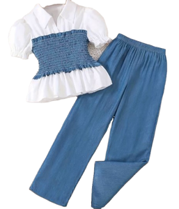 Elegante Set di Abbigliamento Formale per Bambine, T-Shirt e Pantaloni Larghi in Poliestere/Cotone, Autunno/Estate - Product Image 1