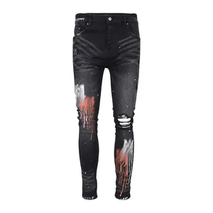 High street estilo espirrou tinta rasgado slim fit elástico skinny jeans mens hip hop calças na moda