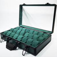 Boîte de rangement haut de gamme pour montres en aluminium, 24 emplacements, avec fenêtre en verre, en velours gris ardoise, type mallette de présentation