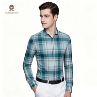 Kemeja Pria Kasual Bisnis Slim Fit Motif Kotak-Kotak Lengan Panjang Anti Kusut Kemeja Kancing untuk Kantor 100% Poliester Bernapas