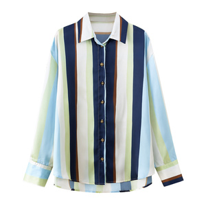 Kemeja wanita musim panas 2026 baru, kasual, modis, bergaris, kerah lapel, retro, chic, lengan panjang. - Product Image 1
