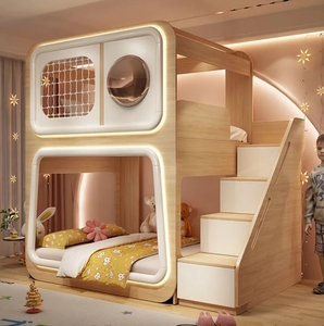 Lit superposé créatif en forme de capsule spatiale avec garde-corps, lits superposés pour petites appartements, en bois, pour l'école ou la chambre à coucher - Product Image 1