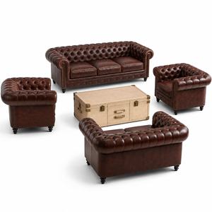 Ensemble de mobilier de bar à cigares vintage en <span class=keywords><strong>cuir</strong></span> capitonné, comprenant un canapé <span class=keywords><strong>Chesterfield</strong></span>, un causeuse, des fauteuils et une table basse coffre pour club - Product Image 1