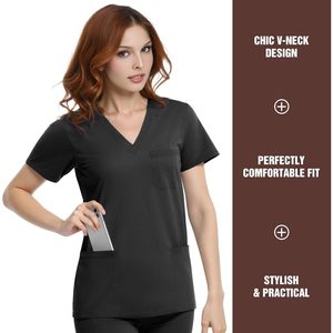 Blusa Médica con Cuello en V para Mujer, 4 Bolsillos, Elástica, Uniforme de Trabajo Médico, Uniforme de Hospital, Negra - Product Image 2