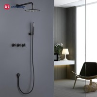 Système de douche moderne pour salle de bain, ensemble mitigeur de douche à effet pluie rond en laiton noir mat, robinet de douche apparent, barre coulissante murale