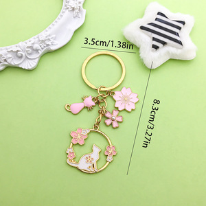Pink Cherry Blossom Cat <b>Keychain</b> Zinc Alloy Round Fashion Jewelry Accessory For Creative DIY Gifts - Product Image 3