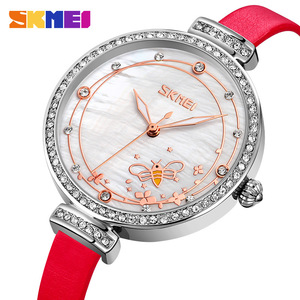 Skmei Women's Quartz Watch Rose Gold Dial Pink Leather Strap Diamond Case Elegant Casual Student Watch 10mm Thin - Product Image 5