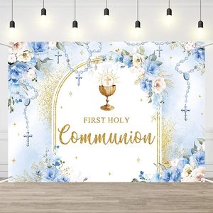 Sfondo fotografico per la Prima Comunione, blu elegante, floreale, con scritta 'God Bless', decorazione per feste per bambini, personalizzabile - Product Image 1