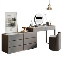 Ensemble de coiffeuse moderne minimaliste en bois massif réglable pour appartement, avec miroir éclairé à rabat et tabouret de rangement, table de maquillage 2-en-1