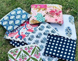 Large Cotton Quilted Block Printed Wash Bag | Embroidered Handmade | Toiletry Bag | Cosmetic Bag Block Print Travel Accessory - Product Image 2