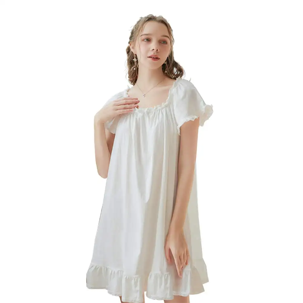Women Cotton Nightgowns Vintage Lightweight Gown Sets Sleepwear Short Sleeve Pajamas Princess Nightdress