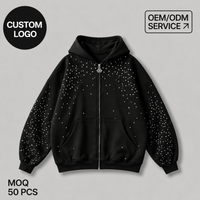 Sweat à capuche zippé noir pour homme, automne, avec ornements en strass en forme de croix, doublure intégrée, effet délavé, broderie en silicone, teint uni
